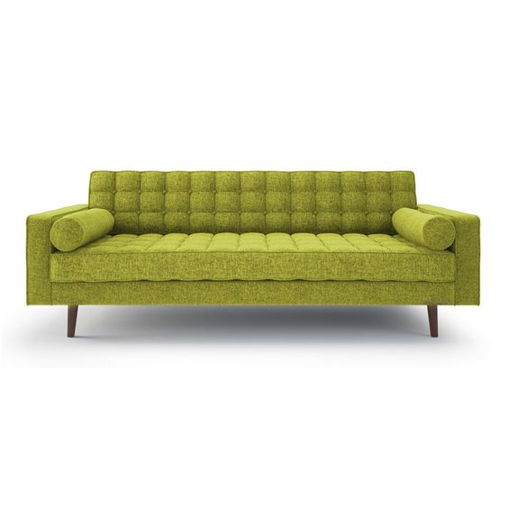 MOSS GREEN UPHOLSTERED MID CENTURY SOFA WITH ROUND BOLSTER PILLOWS