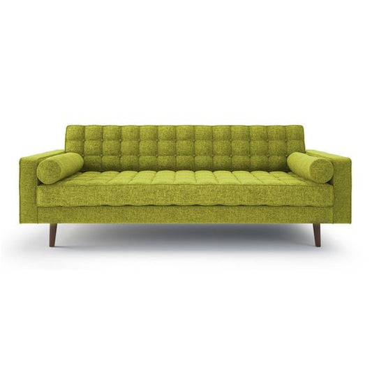 MOSS GREEN UPHOLSTERED MID CENTURY SOFA WITH ROUND BOLSTER PILLOWS
