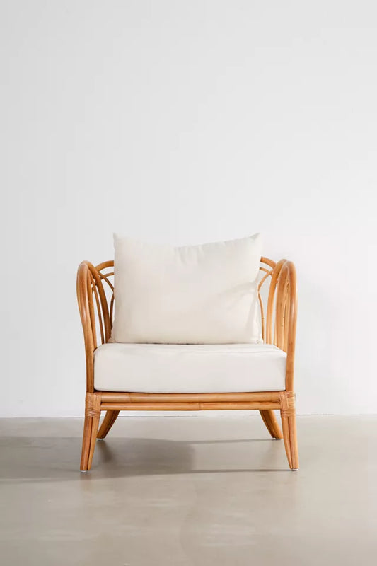 CURVED WICKER ARM CHAIRS WITH WHITE PILLOWS