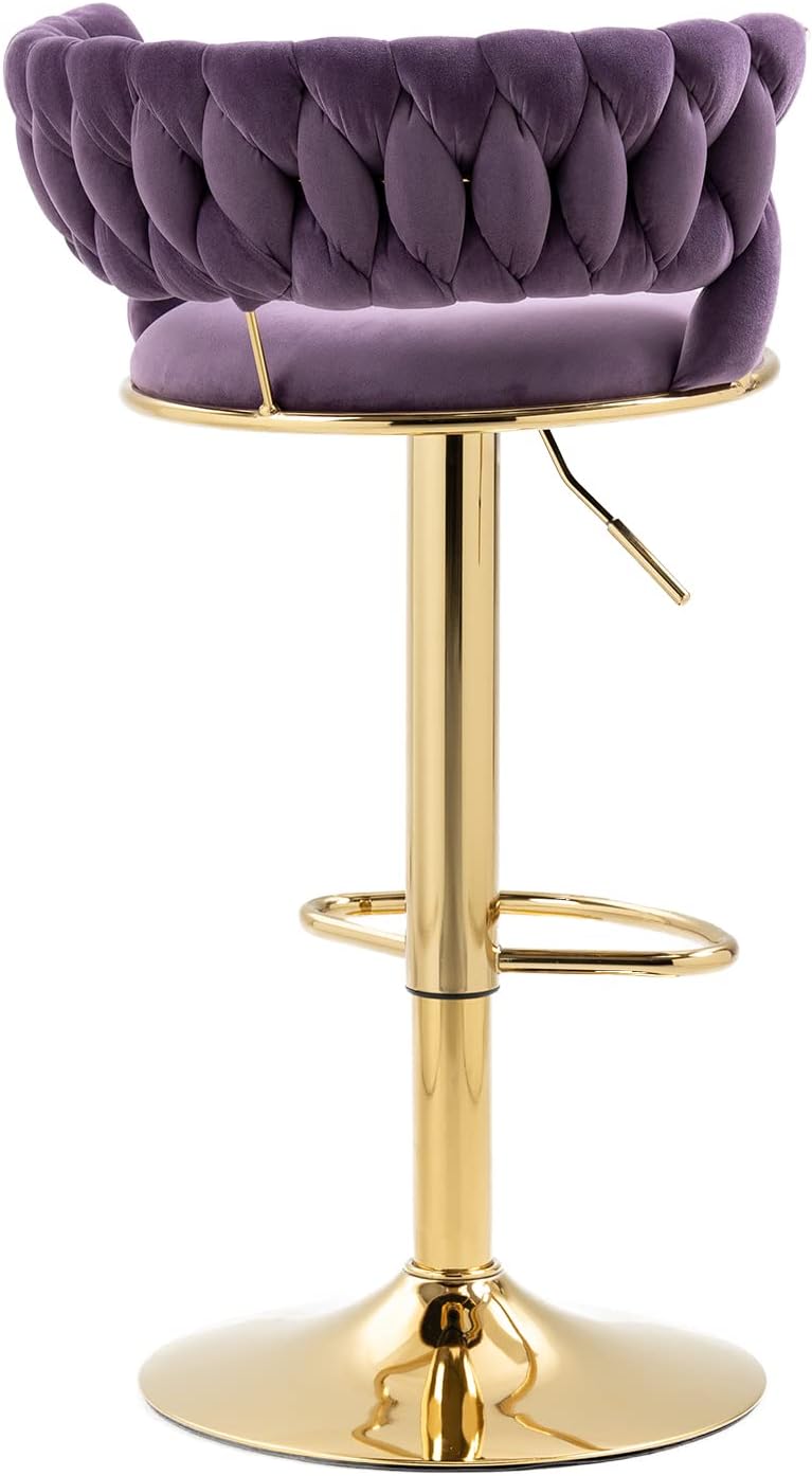 PURPLE VELVET BAR STOOL WITH GOLD SWIVEL LEGS