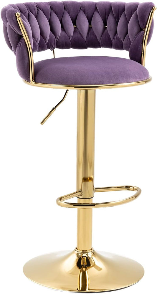 PURPLE VELVET BAR STOOL WITH GOLD SWIVEL LEGS