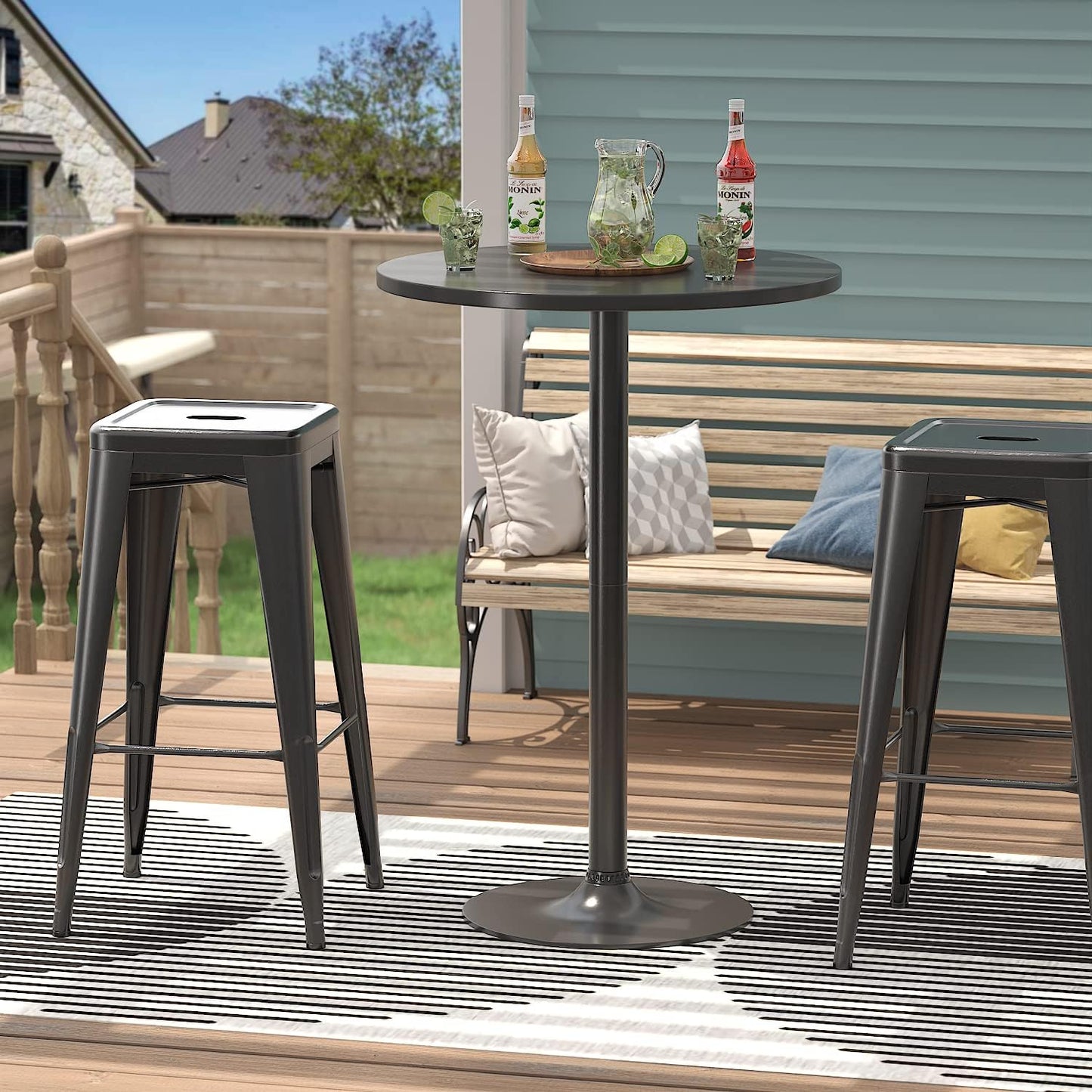 BLACK HIGH TOP ROUND PUB TABLE WITH METAL BASE