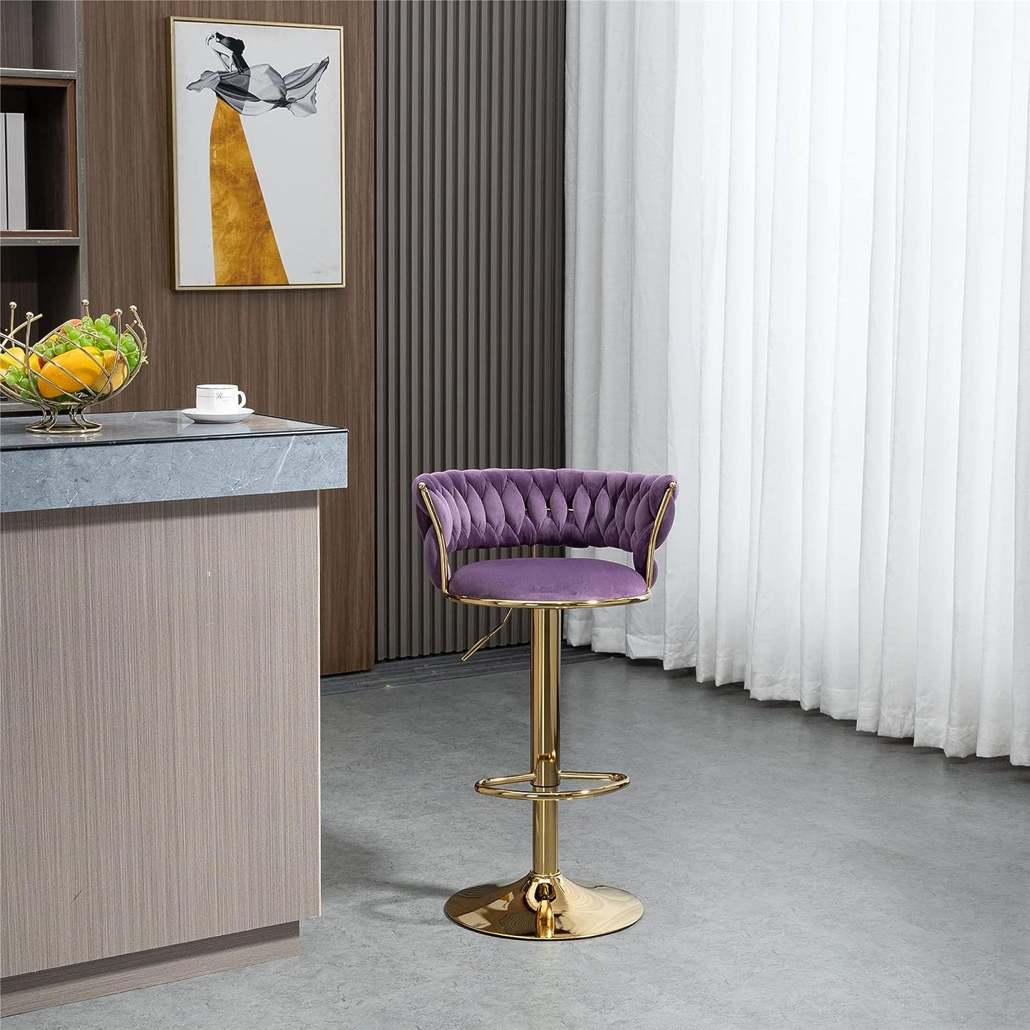 PURPLE VELVET BAR STOOL WITH GOLD SWIVEL LEGS