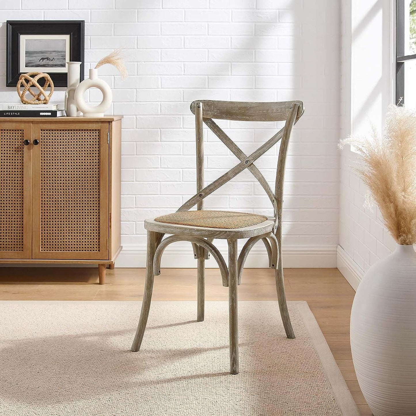 GRAY RATTAN CROSS BACK DINING CHAIRS