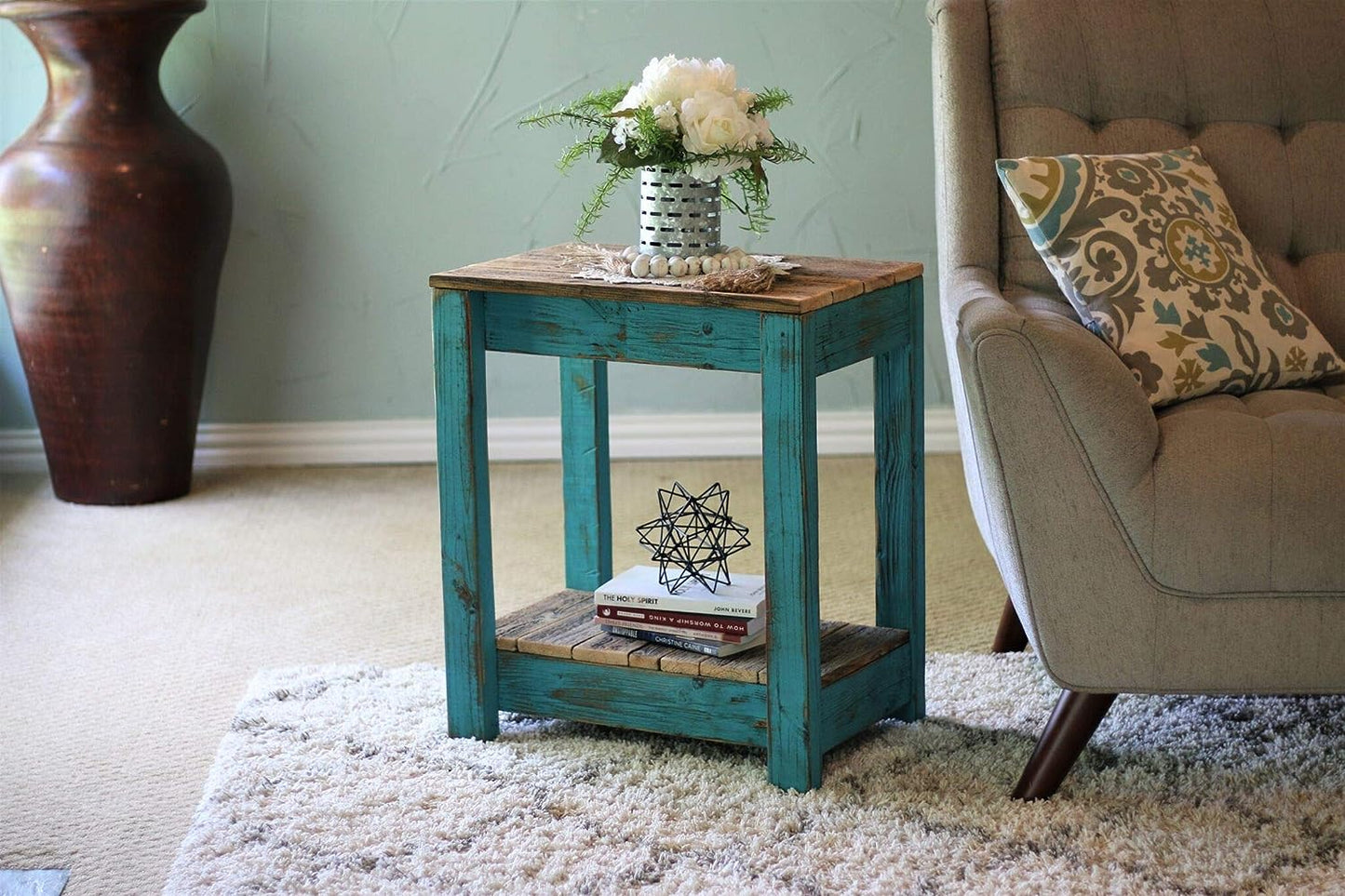 TURQUOISE RECLAIMED WOOD END TABLE