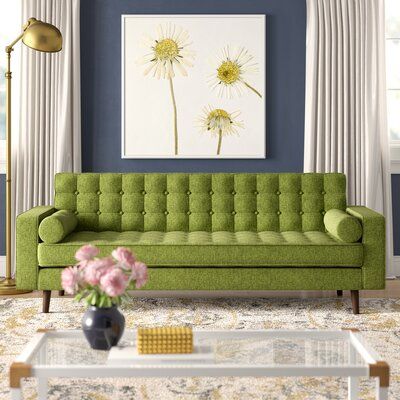 MOSS GREEN UPHOLSTERED MID CENTURY SOFA WITH ROUND BOLSTER PILLOWS