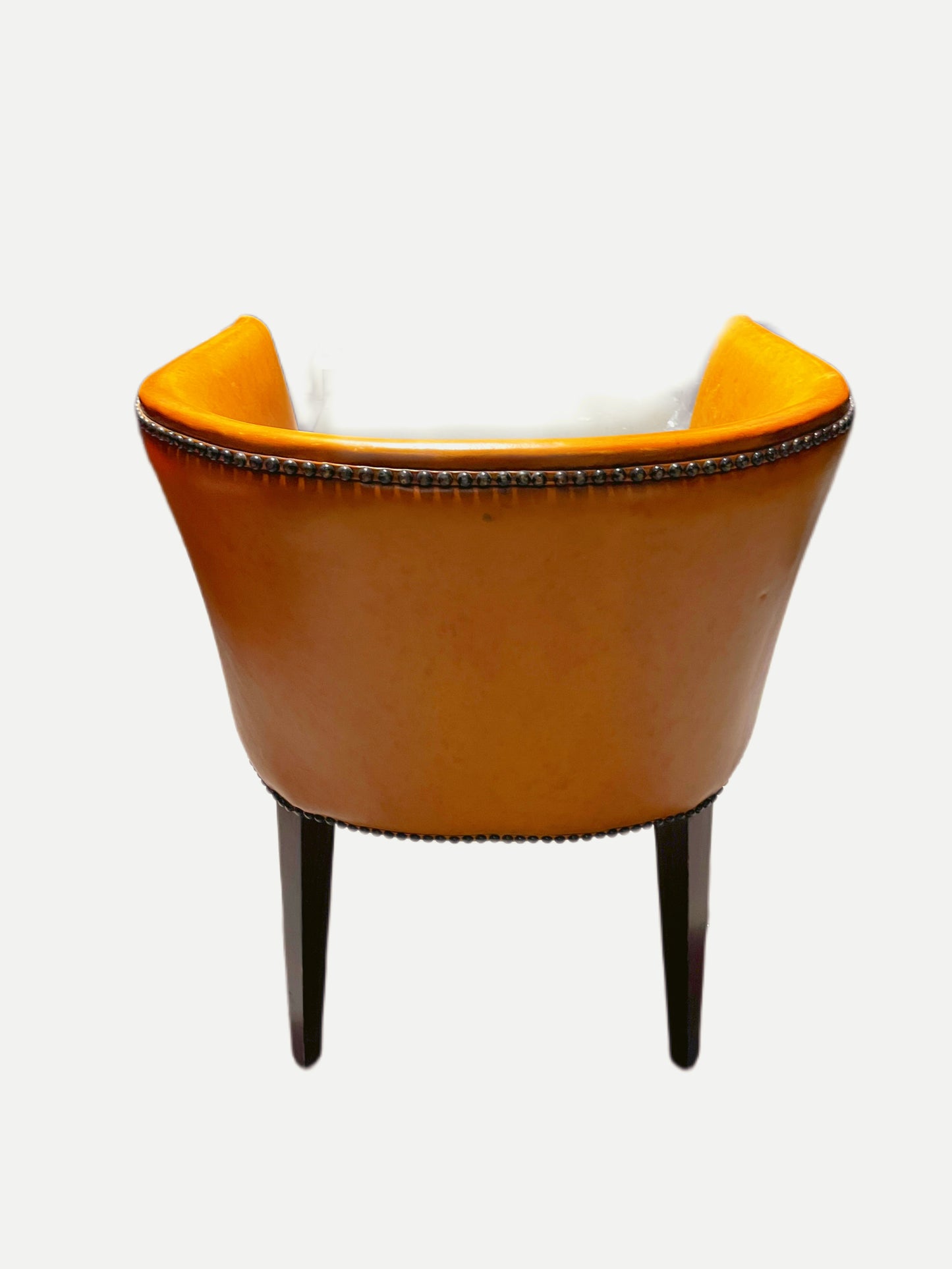 YELLOW ORANGE LEATHER CLUB CHAIR WITH RIVETS