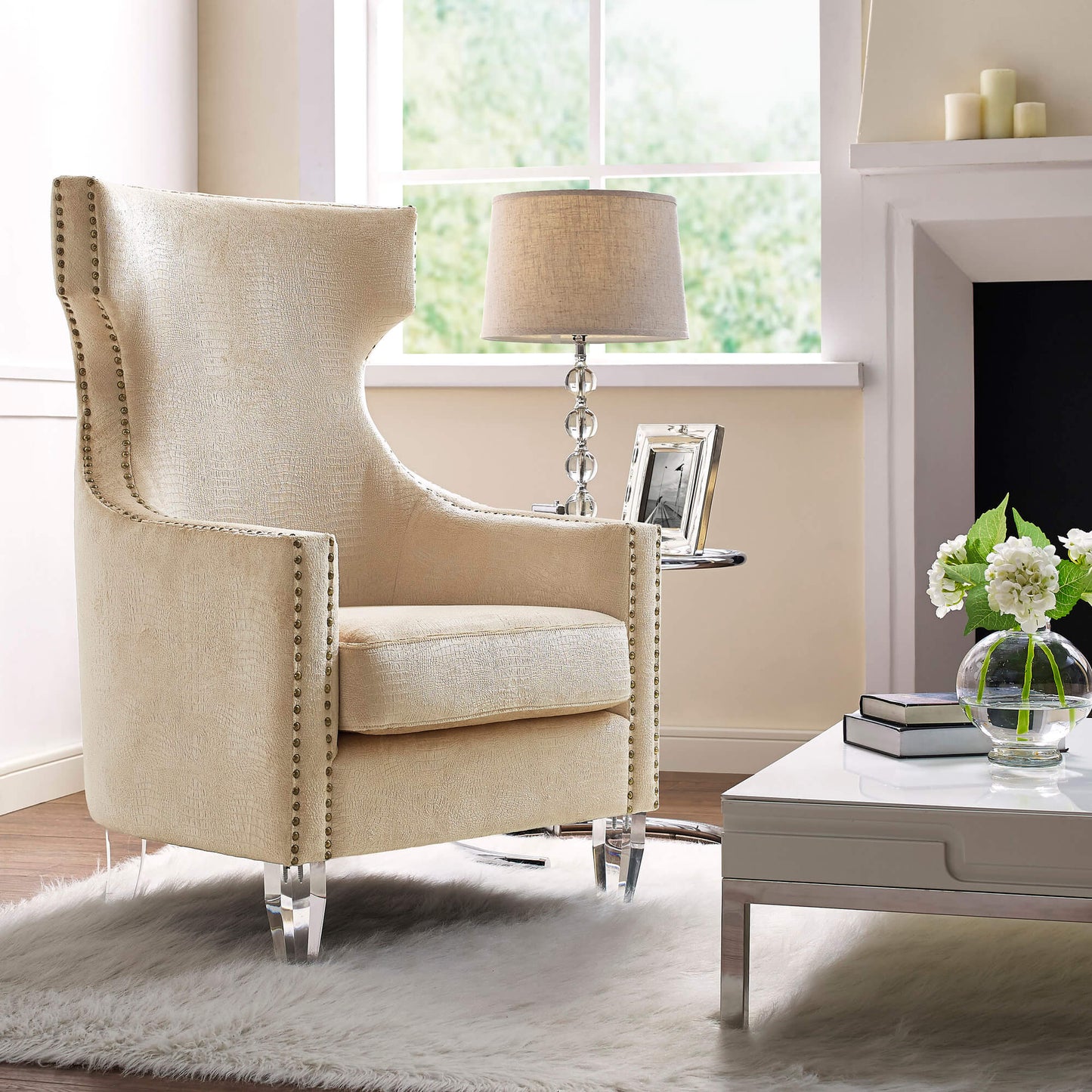 CREAM WINGBACK CROCODILE SKIN CHAIR WITH GOLD NAIL HEADS