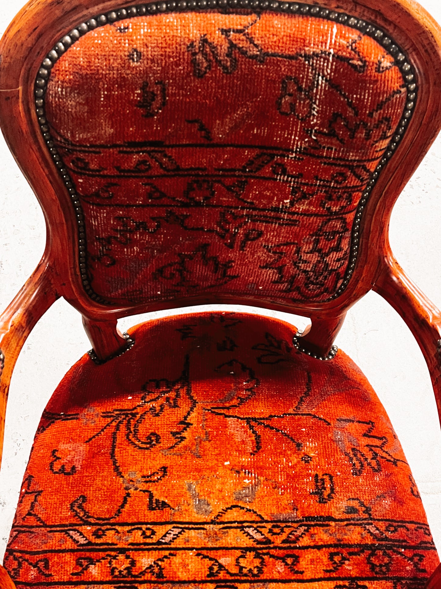 RED AND ORANGE ORNATE FRENCH PROVINCIAL ARM CHAIR