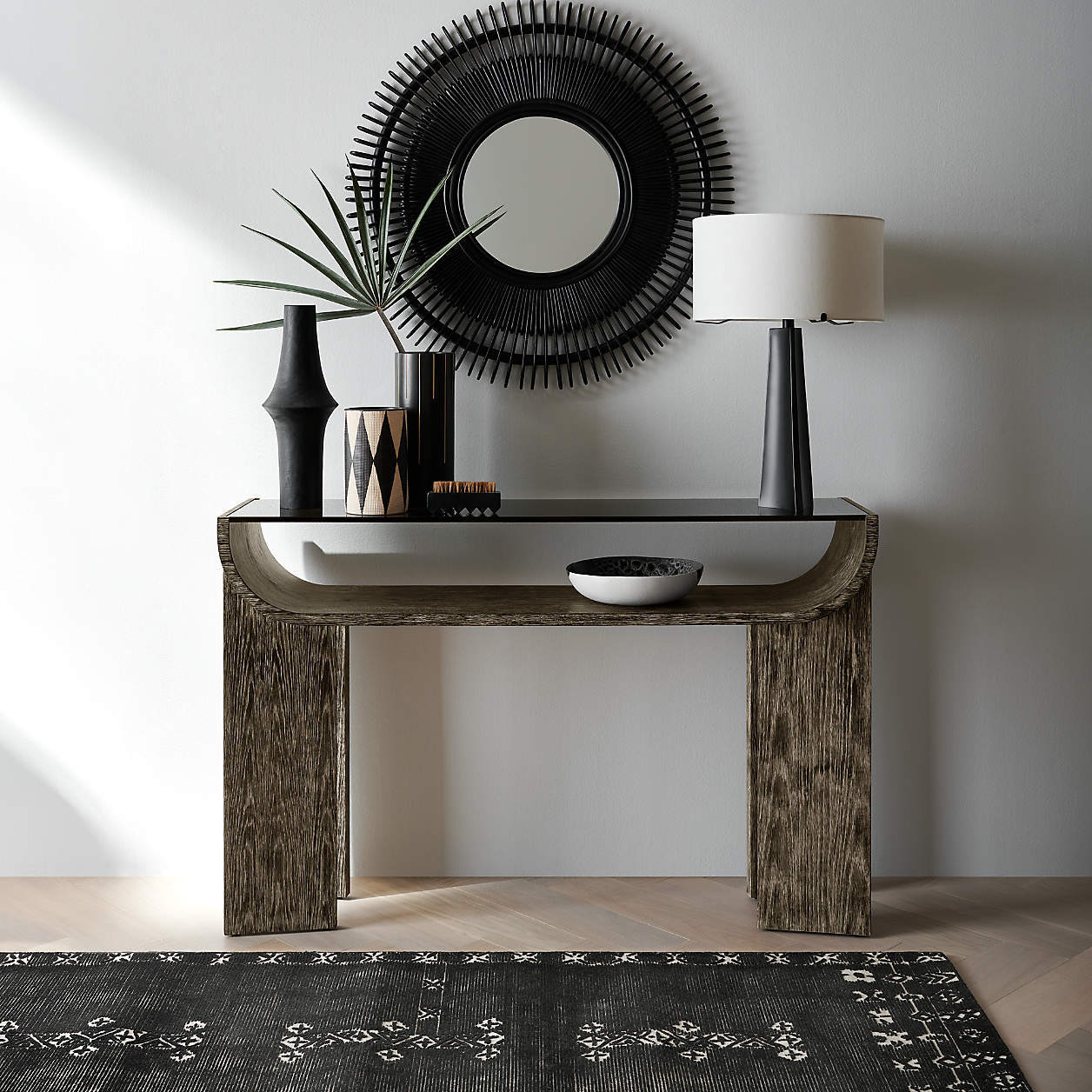 CURVED OAK CONSOLE TAABLE WITH FROSTED AMBER GLASS TOP