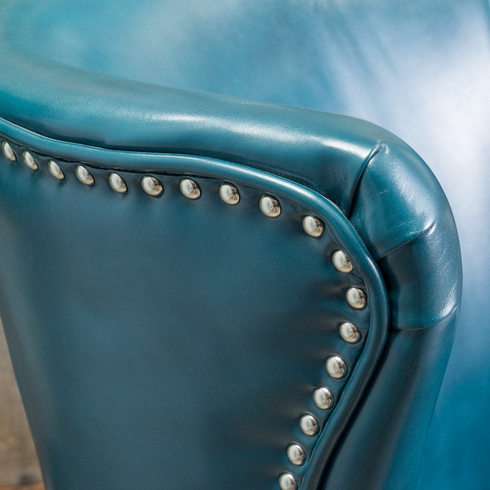 TEAL LEATHER WINGBACK CHAIR WITH SILVER NAIL HEADS
