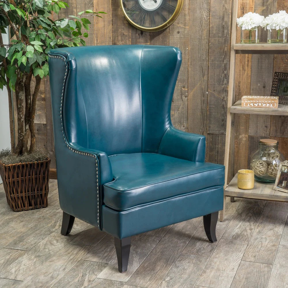 TEAL LEATHER WINGBACK CHAIR WITH SILVER NAIL HEADS