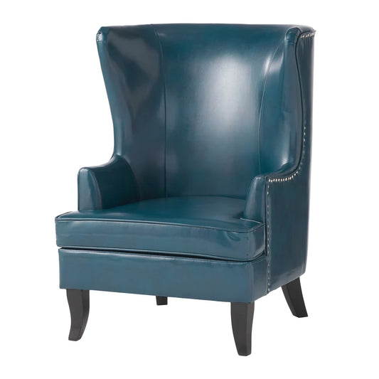 TEAL LEATHER WINGBACK CHAIR WITH SILVER NAIL HEADS