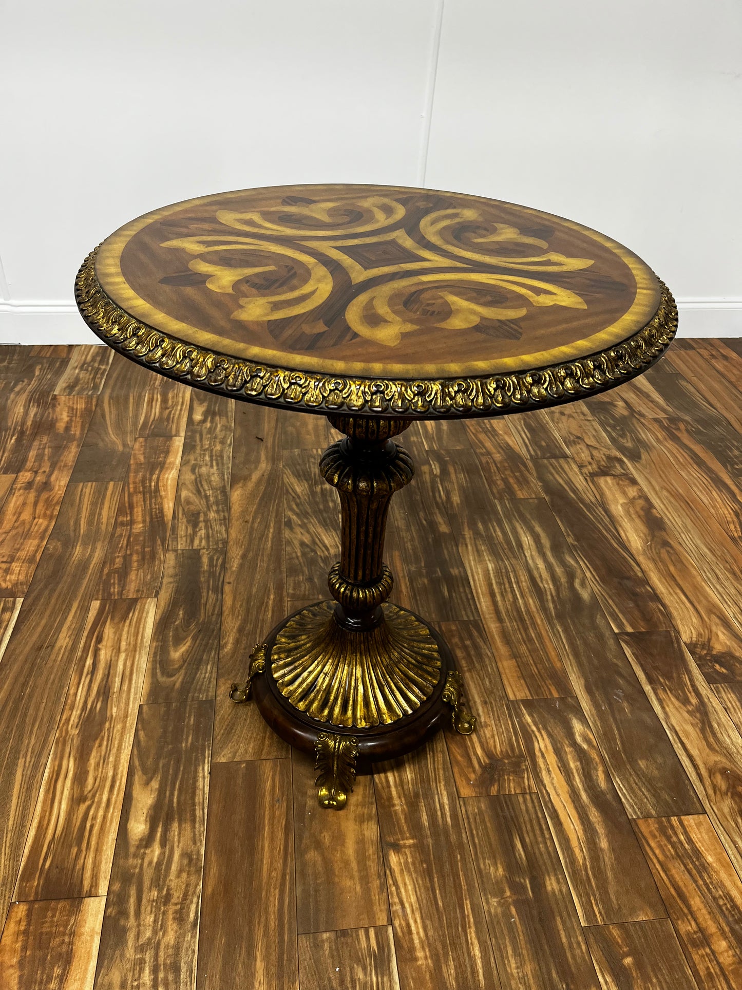 BRASS AND INLAY WOOD CAFE TABLE