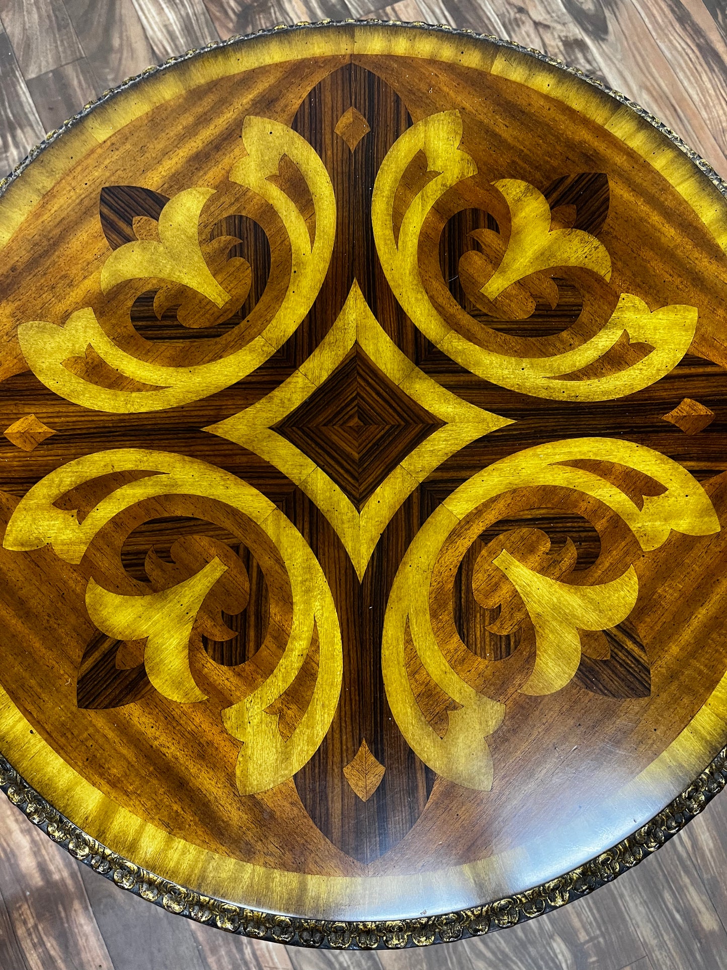 BRASS AND INLAY WOOD CAFE TABLE