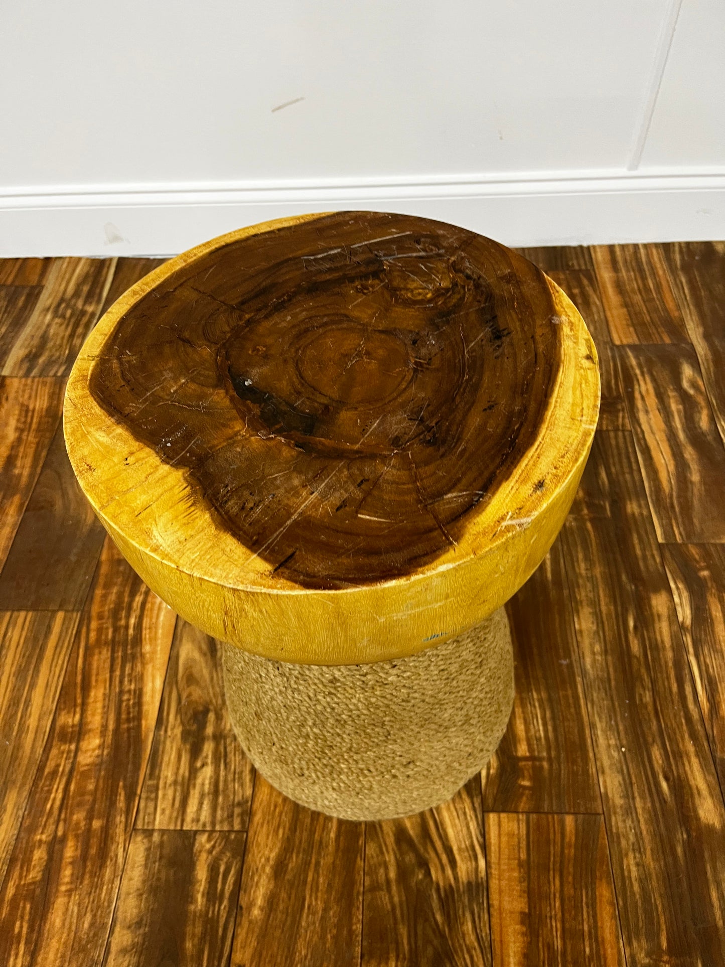 TWO-TONE WOOD HOURGLASS ACCENT TABLE WITH SISAL BASE