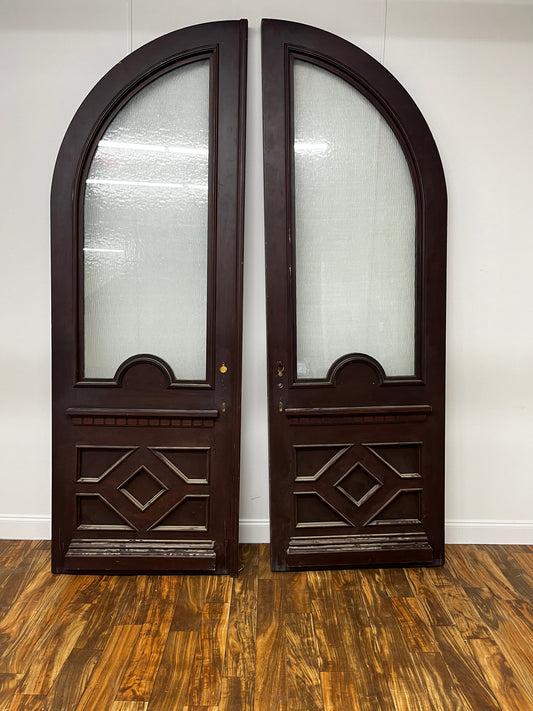 DARK STAINED HALF CIRCLE DOUBLE DOORS WITH TEXTURED GLASS WINDOW INLAY