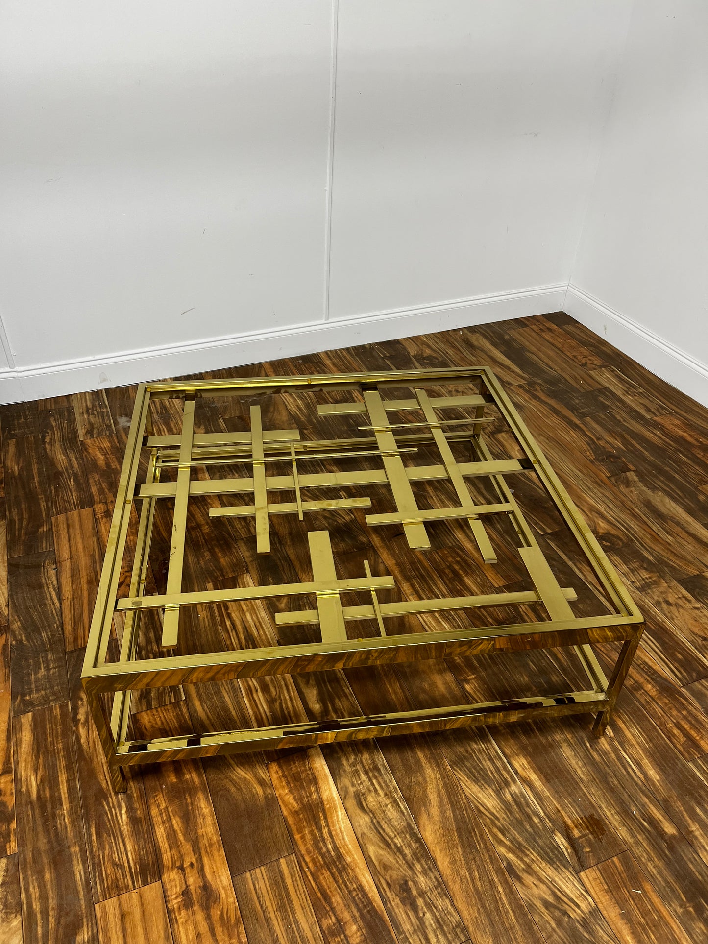 GOLD METAL RECTANGULAR GLASS TOP COFFEE TABLE