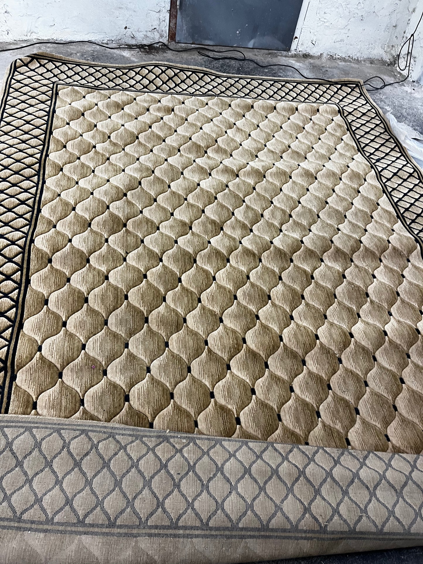 BEIGE TUFTED AREA RUG WITH BLACK BORDER