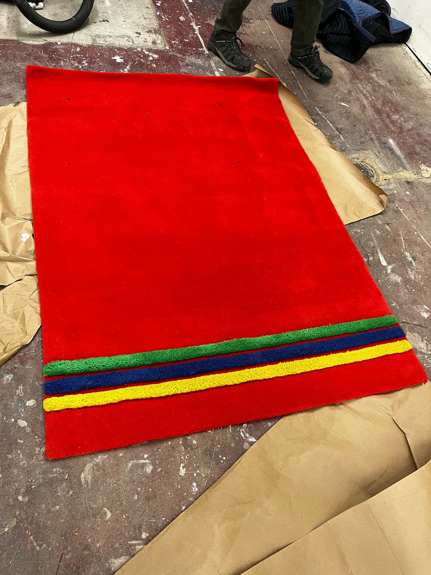 VINTAGE IKEA RED AREA RUG WITH BLUE, GREEN, & YELLOW STRIPE