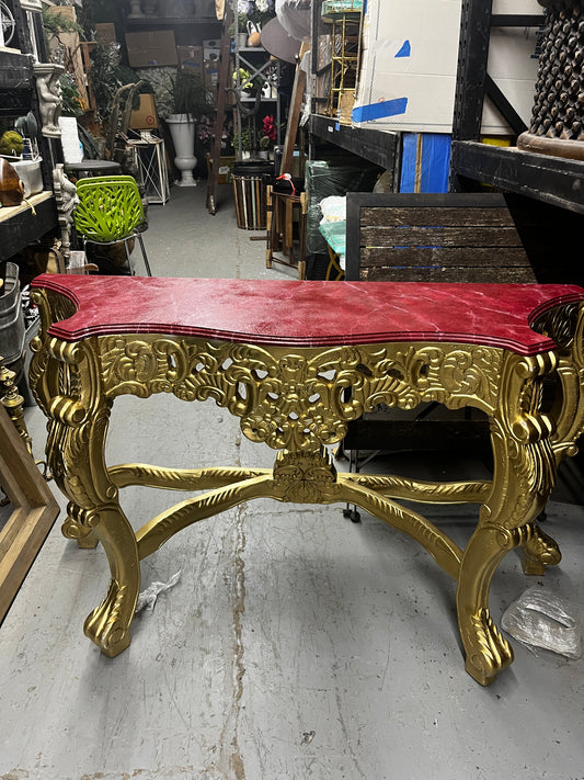 ORNATE RED AND GOLD FAUX MARBLE CONSOLE TABLE