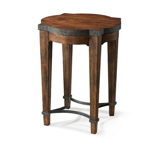 DARK WOOD INDUSTRIAL SIDE TABLE WITH METAL ACCENTS