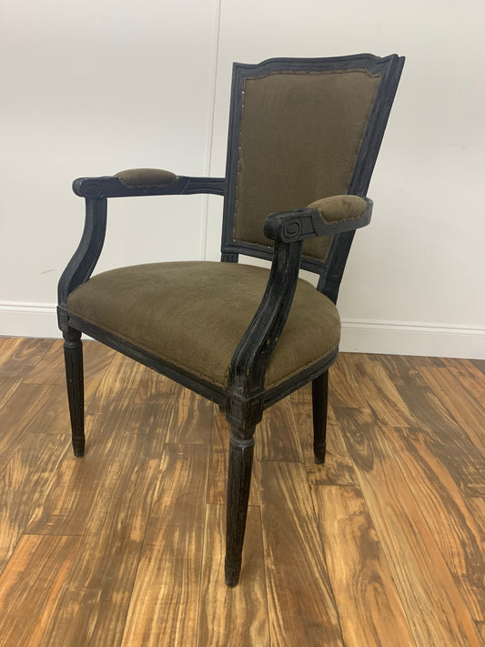 DARK WOOD & BROWN LINEN VICTORIAN STYLE ACCENT CHAIR