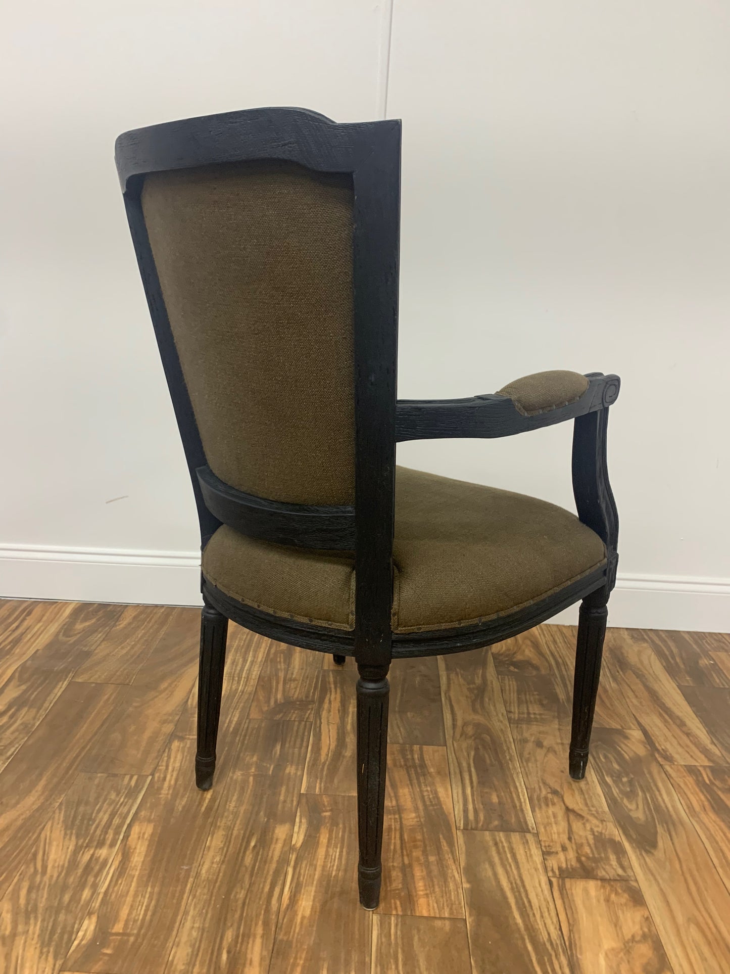 DARK WOOD & BROWN LINEN VICTORIAN STYLE ACCENT CHAIR