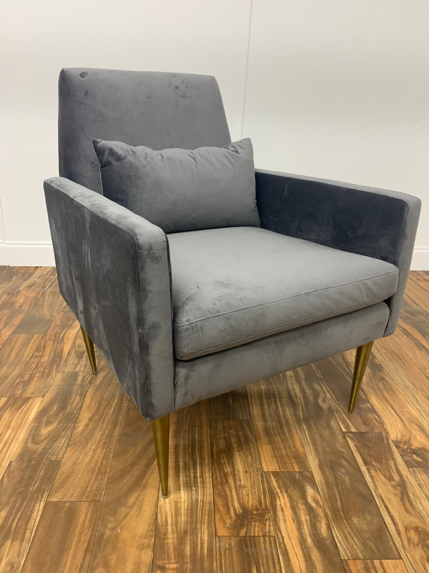 GRAY VELVET ARM CHAIR WITH GOLD LEGS