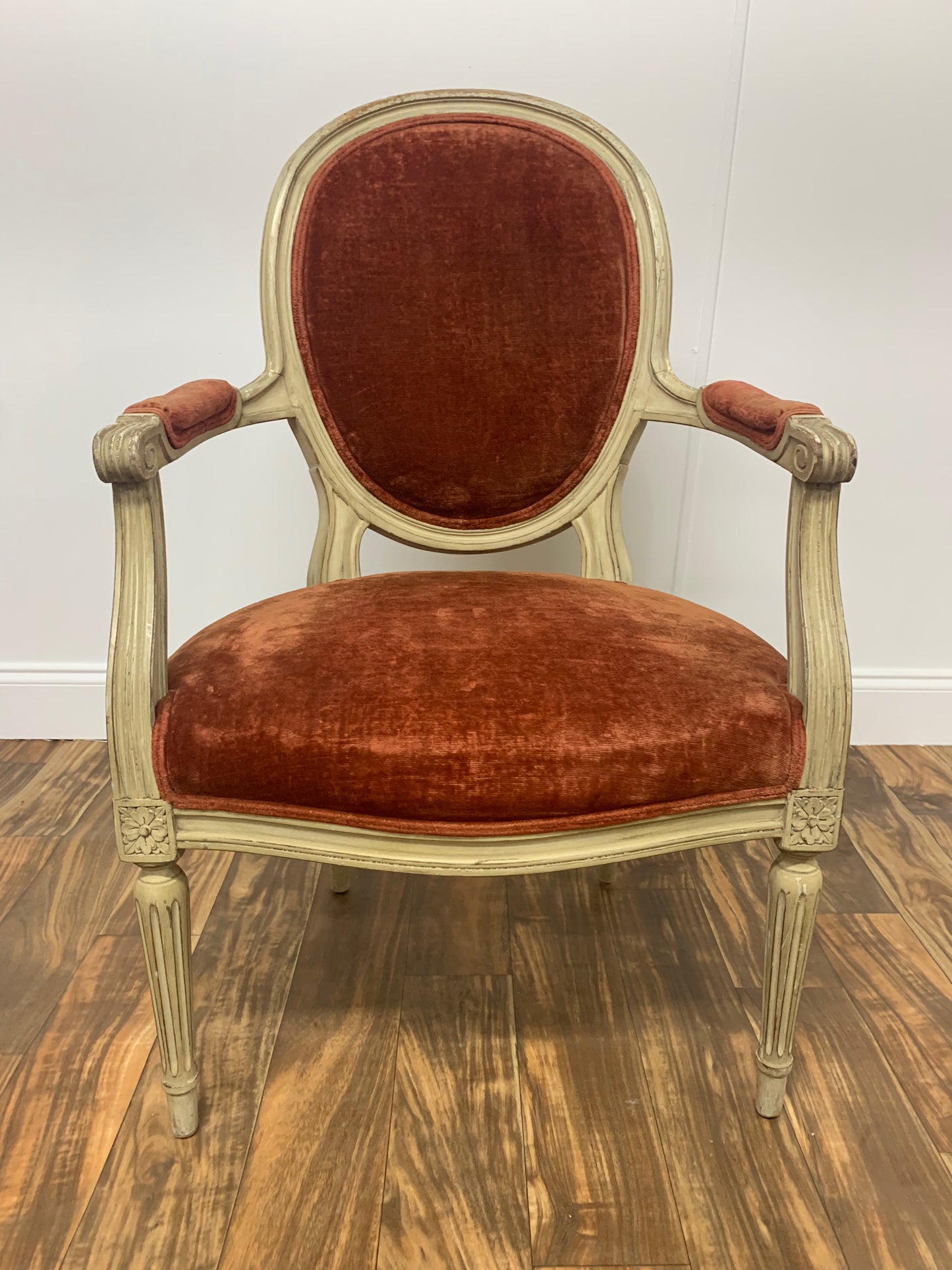 RUST ORANGE VELVET FRENCH PROVINCIAL ARM CHAIR