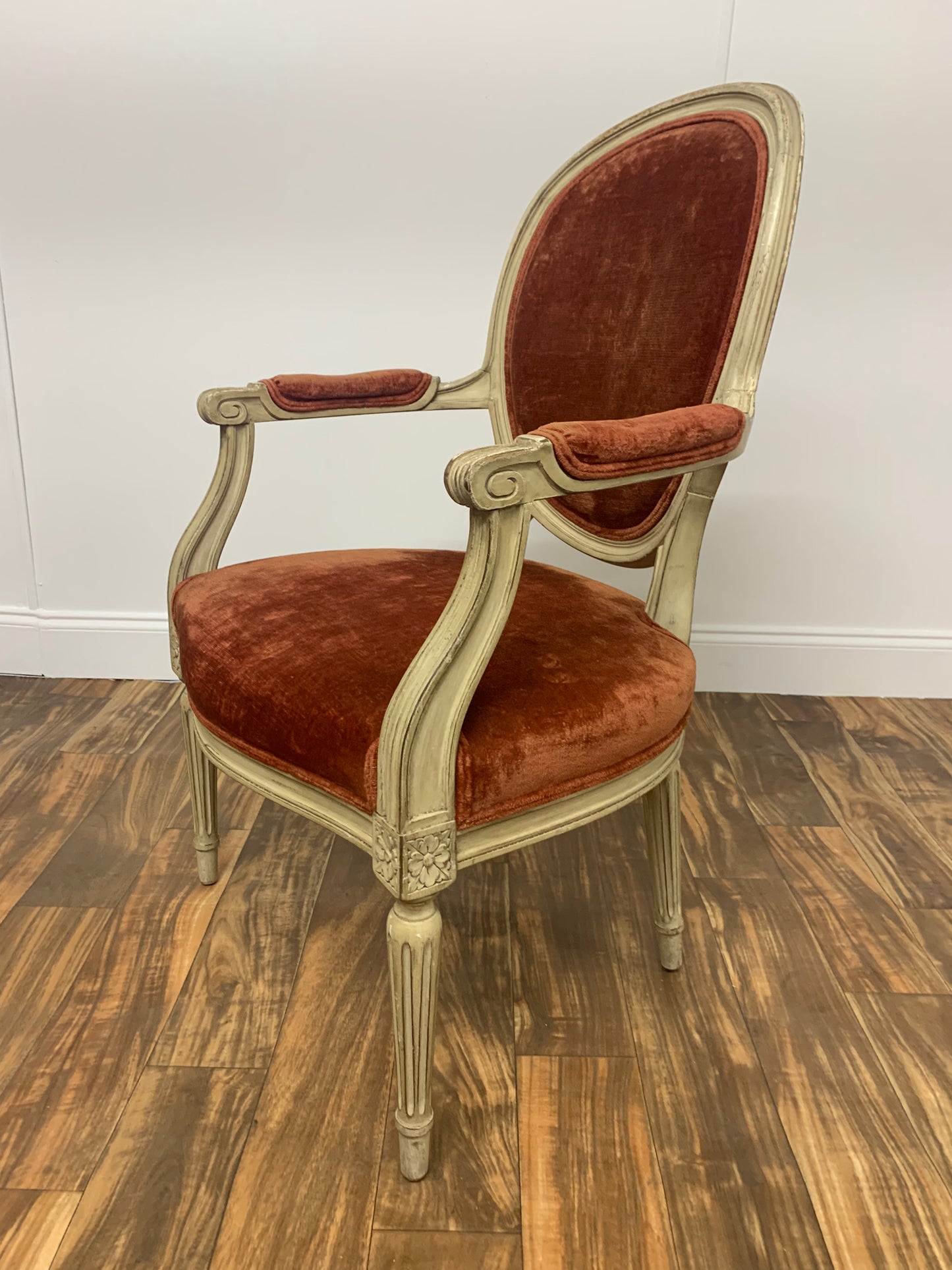RUST ORANGE VELVET FRENCH PROVINCIAL ARM CHAIR