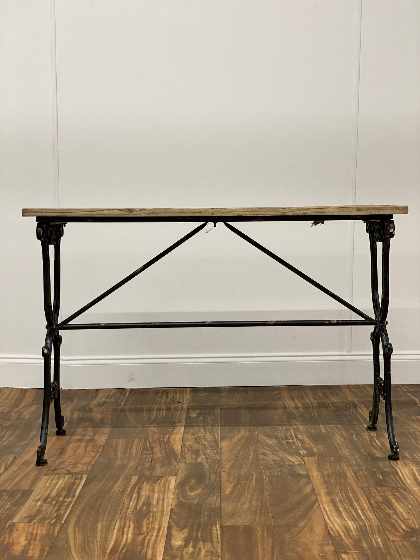 WOOD TOP IRON LEG CONSOLE TABLE