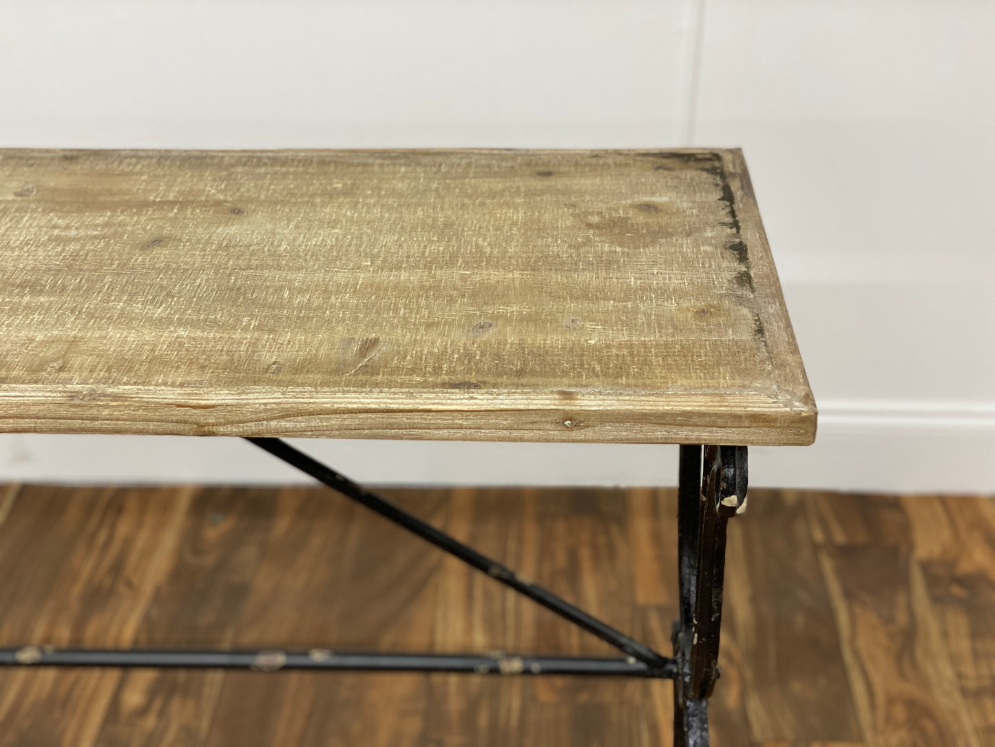 WOOD TOP IRON LEG CONSOLE TABLE