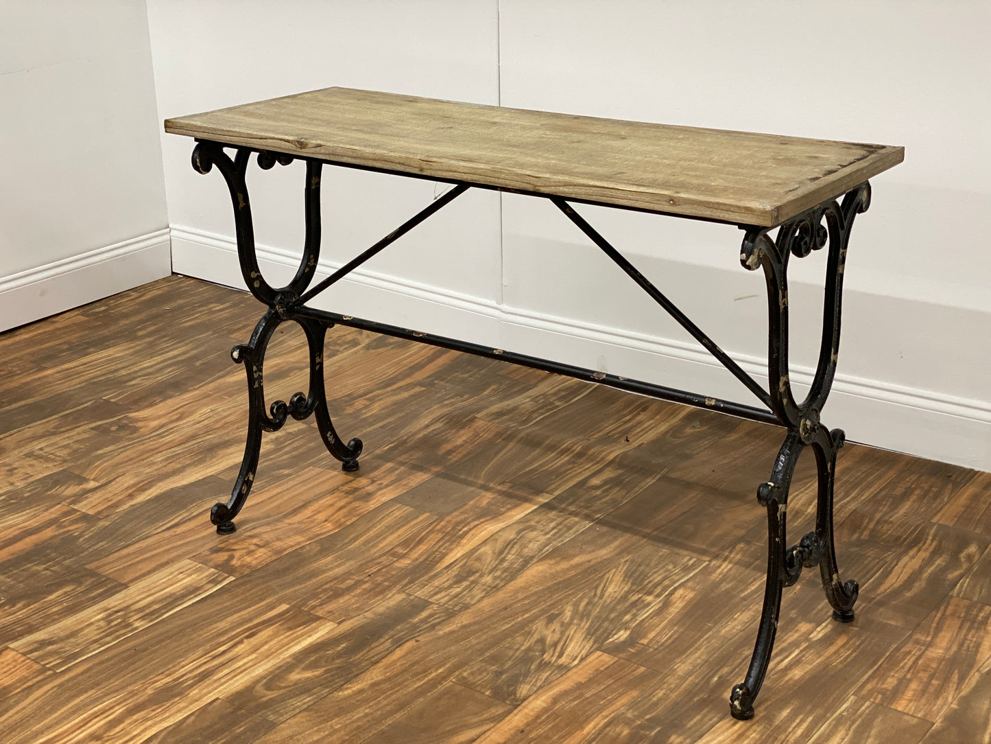 WOOD TOP IRON LEG CONSOLE TABLE