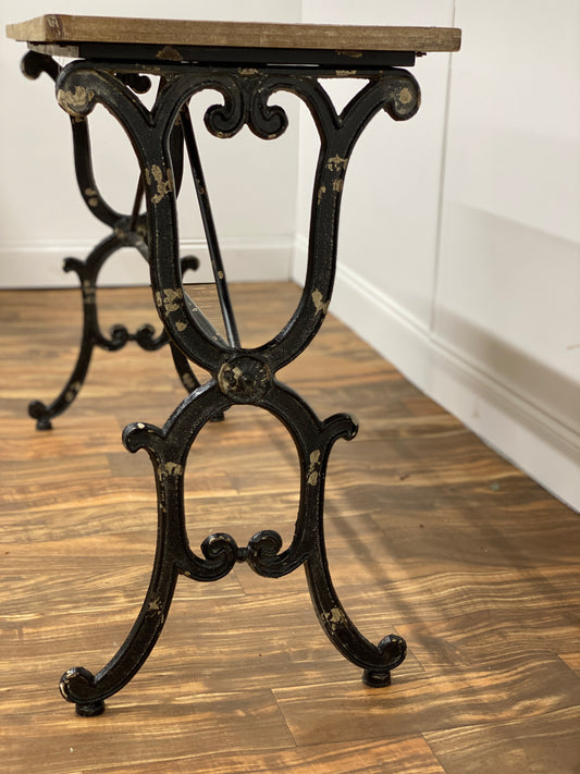 WOOD TOP IRON LEG CONSOLE TABLE
