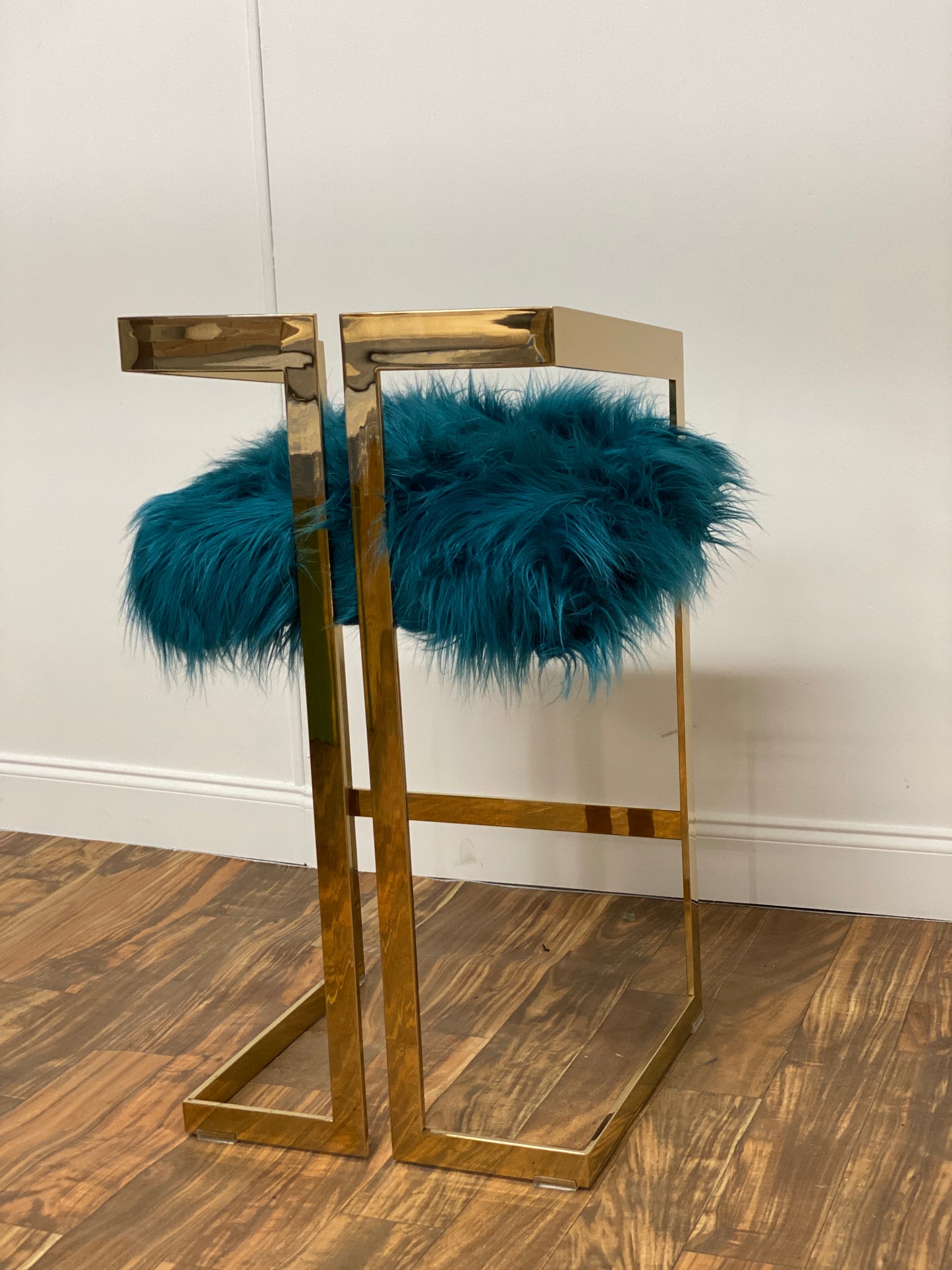 TEAL FUR BAR STOOL WITH GOLD LEGS