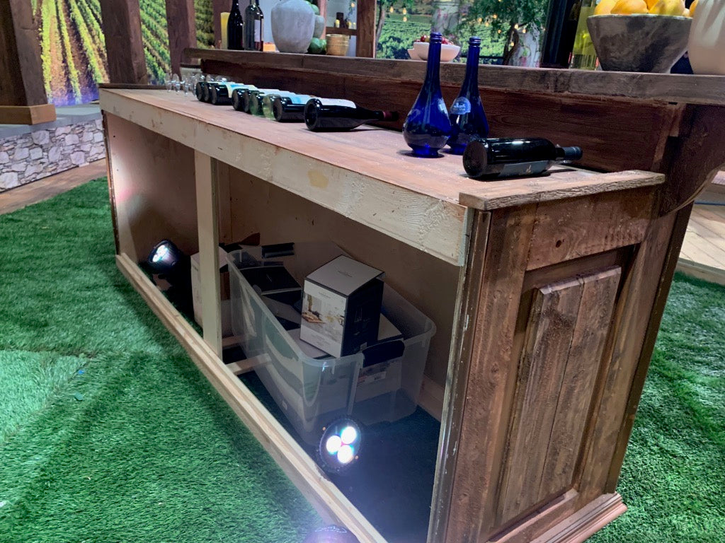 RUSTIC WOOD BACK BAR WITH WINE RACK SHELVES