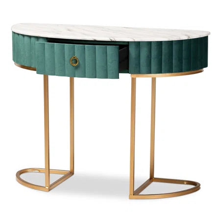 GREEN VELVET FAUX MARBLE TOP CONSOLE TABLE