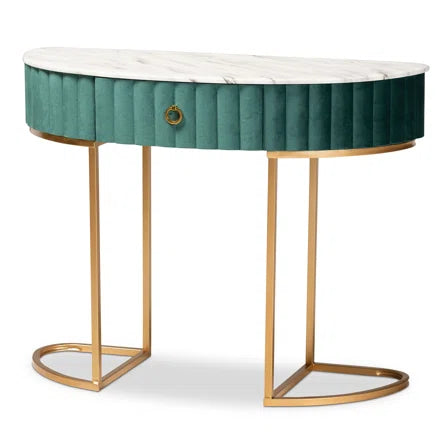 GREEN VELVET FAUX MARBLE TOP CONSOLE TABLE