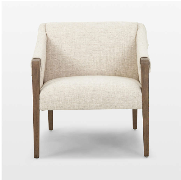 OFF WHITE LINEN AND WOOD ARM CHAIR WITH LEATHER BUCKLE SIDE ACCENTS