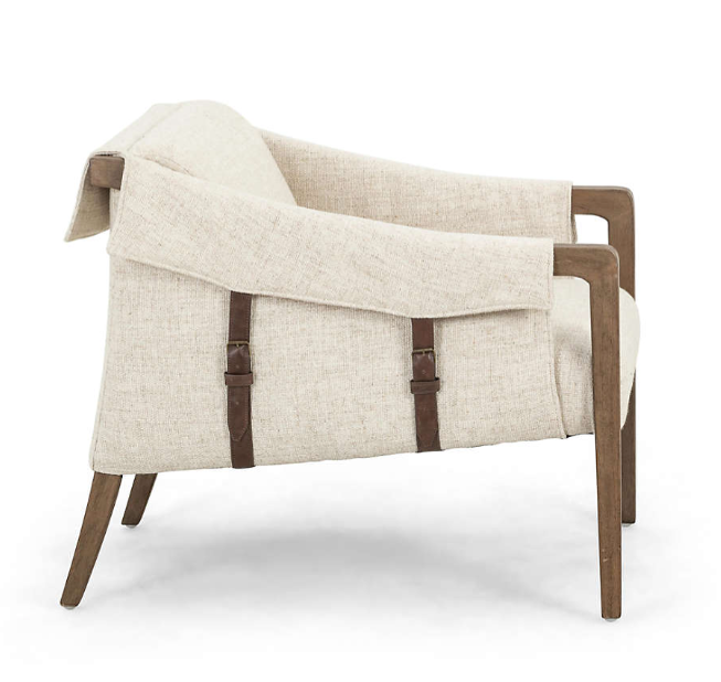 OFF WHITE LINEN AND WOOD ARM CHAIR WITH LEATHER BUCKLE SIDE ACCENTS