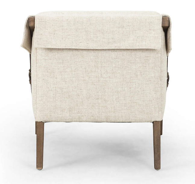OFF WHITE LINEN AND WOOD ARM CHAIR WITH LEATHER BUCKLE SIDE ACCENTS