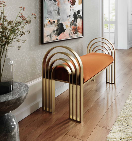 RUST ORANGE VELVET BENCH WITH GOLD LEGS