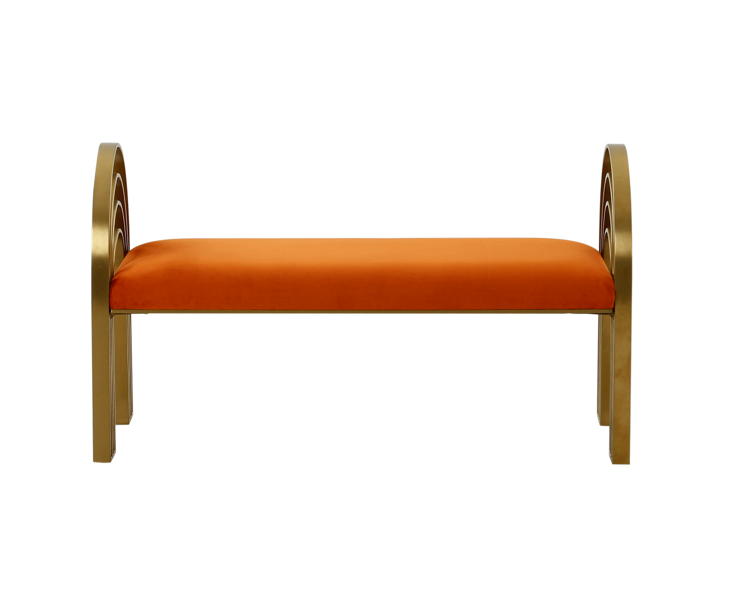 RUST ORANGE VELVET BENCH WITH GOLD LEGS