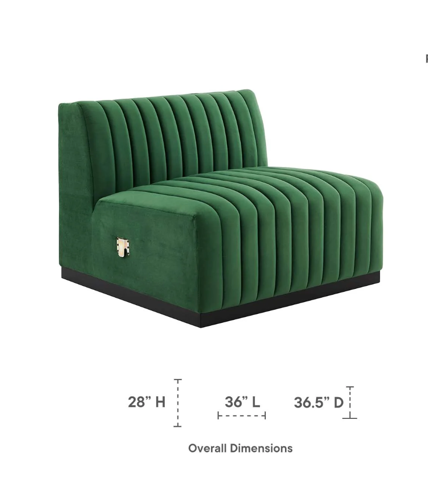 Channel Tufted Emerald Green Velvet Armless Chair Sectional Sofa  Piece