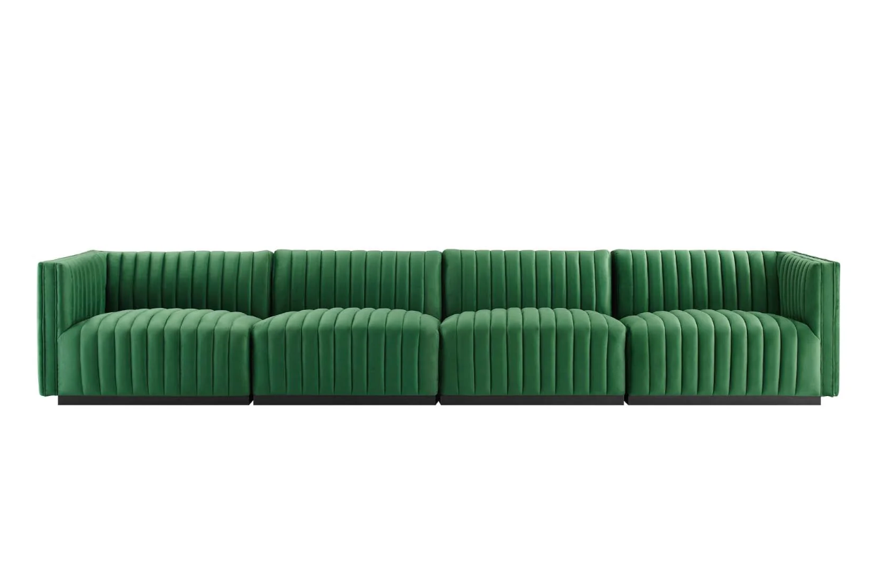 Channel Tufted Emerald Green Velvet Armless Chair Sectional Sofa  Piece