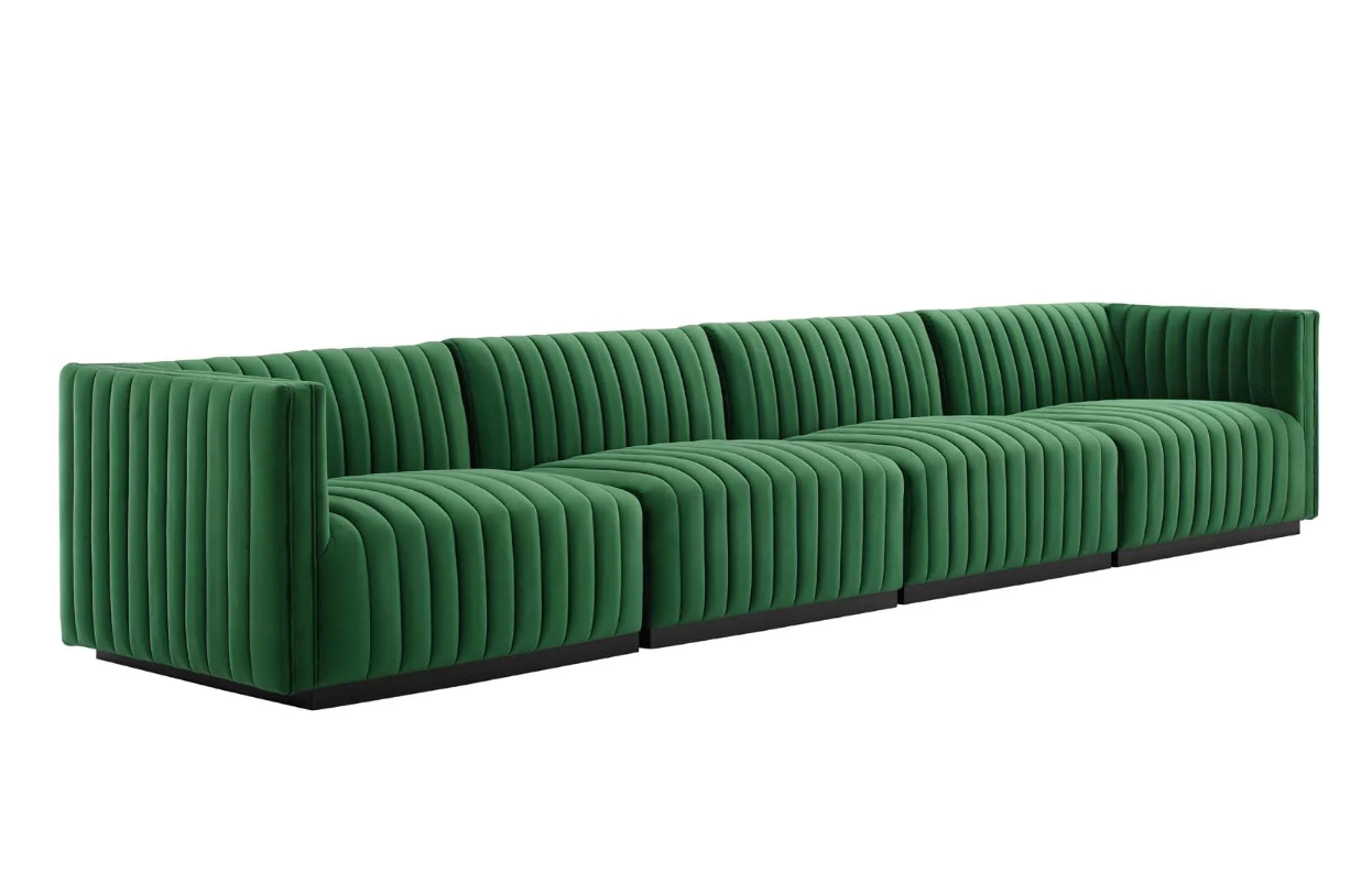 Channel Tufted Emerald Green Velvet Armless Chair Sectional Sofa  Piece