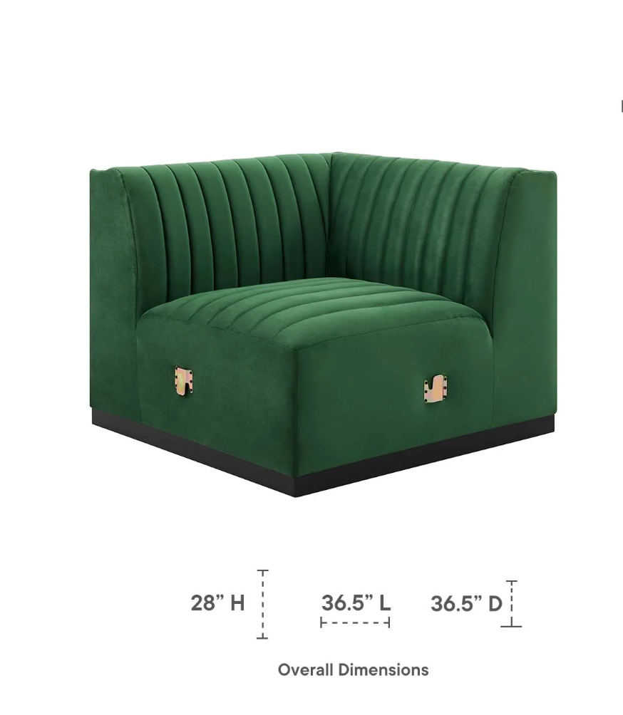 Channel Tufted Emerald Green Velvet Arm Chair Sectional Sofa Piece
