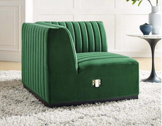 Channel Tufted Emerald Green Velvet Arm Chair Sectional Sofa  Piece