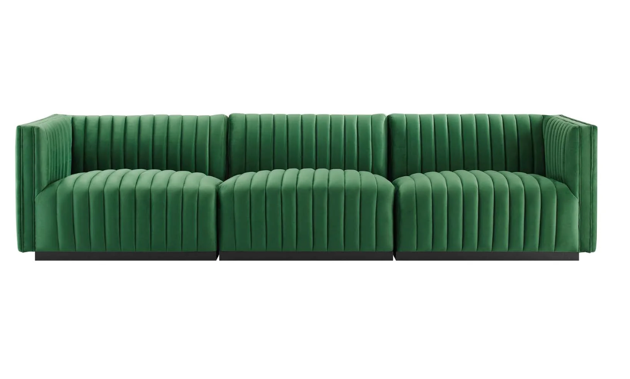 Channel Tufted Emerald Green Velvet Arm Chair Sectional Sofa Piece